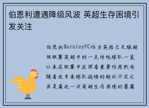 伯恩利遭遇降级风波 英超生存困境引发关注