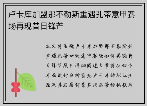 卢卡库加盟那不勒斯重遇孔蒂意甲赛场再现昔日锋芒